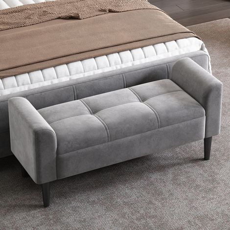 Banco de cama 116x44x56 cm en terciopelo gris con reposabrazos, estilo moderno FloraGrace (1/5)