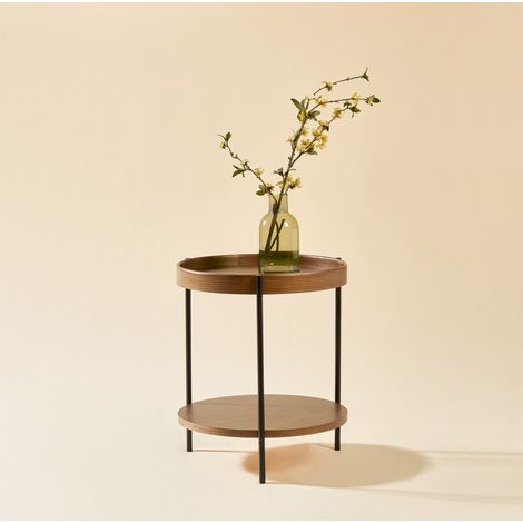 Mesa auxiliar redonda 44x44x48 cm nogal, diseño de 2 niveles, madera MDF y metal MEUBLIV (1/5)