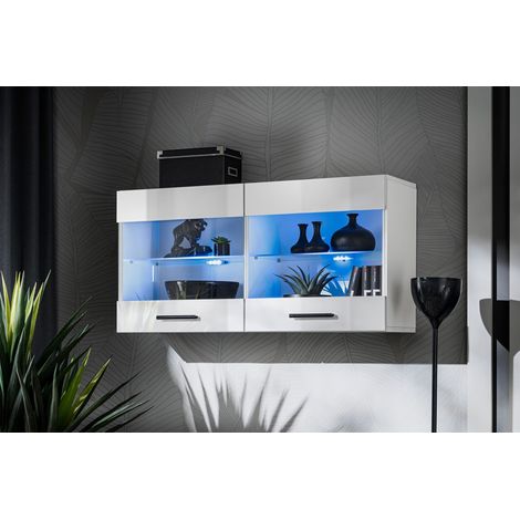 Komodee, Vitrine Armoire Savona, Blanc/Blanc, Largeur 100 cm x Hauteur 50 cm x Profondeur 30 cm, sans LED, 2 étagères, pour Salon, Chambre, Entrée, Cuisine (1/4)