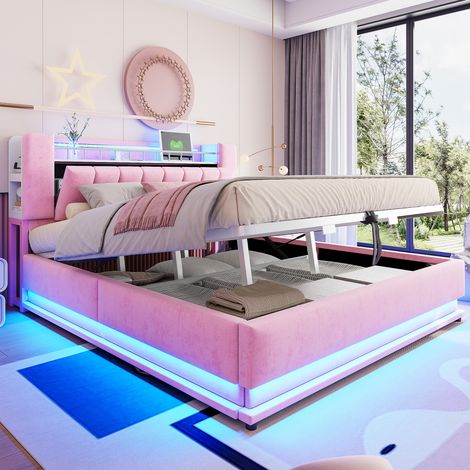 Lit 180x200 cm avec éclairage LED intégré, rangement hydraulique et ports USB, revêtement en velours doux, cadre en métal rose, intelligent et polaire (1/4)