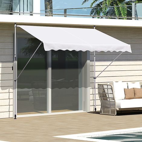Store banne à bras articulés 3 x 1,5 m avec manivelle et structure télescopique. Blanc