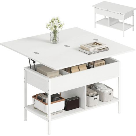 Table basse relevable et extensible, table de salon avec compartiment caché étagères ouvertes, 98x49x55cm, blanc (1/5)