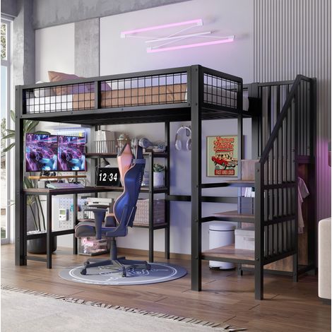 Lit mezzanine 90/200 cm noir et brun en métal et panneaux de bois avec bureau, étagères et armoire (1/5)