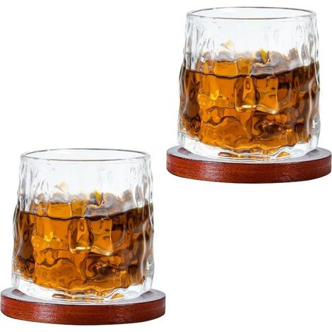 Lot de 2 Verres tournants,Verre,360°,Texture côtelée,Design incliné,Whisky,Cocktail (1/5)