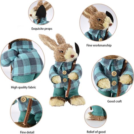 Panier en jonc tressé à la main, lapin debout incliné habillé, taille 12x12x23 cm, livré avec film à bulles protecteur, lot de 1. (1/5)