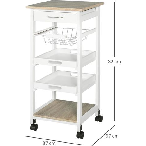 Chariot de service desserte de cuisine à roulettes panier + 2 plateaux amovibles, tiroir, étagère MDF chêne clair bois pin blanc (1/5)