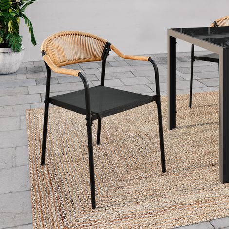 Lote de 4 sillas de jardín MADEIRA: metal, cuerda y textilene negro y ratán claro