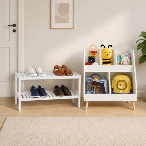 Juego de almacenamiento para habitación infantil (2 piezas): estantería blanca de 5 baldas para juguetes y zapatero de bambú para 9 pares. (1/5)