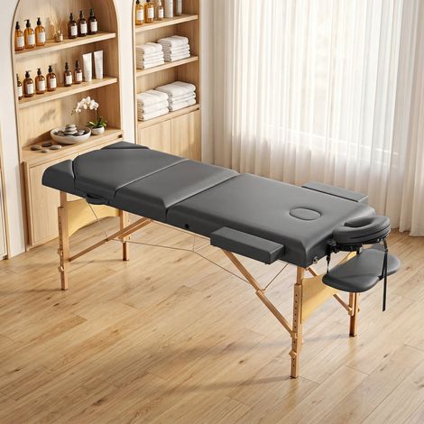 Table de massage pliante, lit de massage 3 zones portable 185 x 60 cm, hauteur et dossier réglables, appui-tête, gris (1/5)