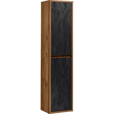 Vente-Unique – Colonne de salle de bain suspendue – Coloris naturel et anthracite – H170 cm – 2 portes avec mécanisme soft close – 4 étagères MDF (1/4)