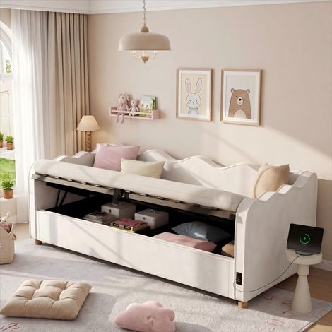 Letto contenitore 90x200 cm, letto per bambini con testiera imbottita, vano contenitore idraulico, USB Type-C, velluto beige (1/5)