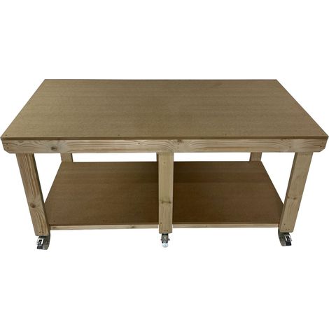 Workbench MDF top, large heavy-duty table (H-90cm, D-120cm, L-180cm) with wheels