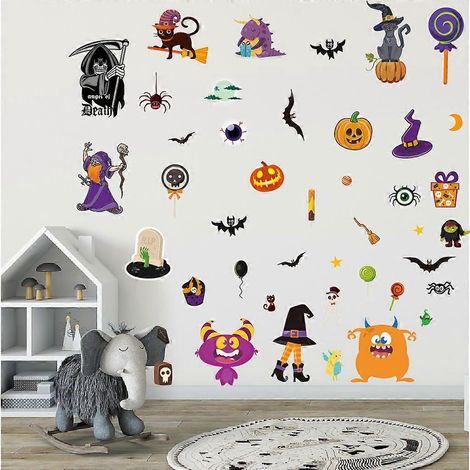 Lot de 6 autocollants muraux amovibles « Joyeux Halloween » : sorcières, chauves-souris et araignées, pour la décoration intérieure et extérieure de votre maison ou de votre fenêtre. (1/4)