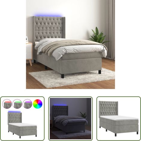 vidaXL LED-Leiste - Boxspringbett mit Matratze & LED Hellgrau 90x190 cm Samt (1/5)
