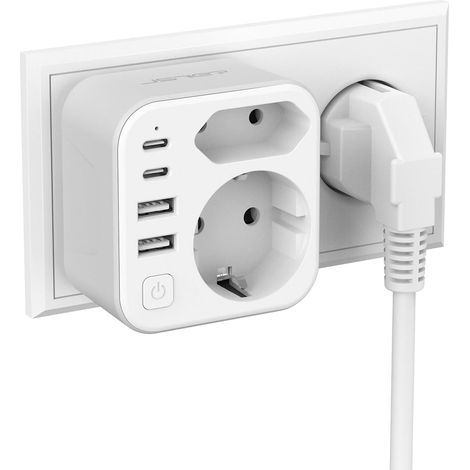 6-in-1 Wall Power Strip, 2 AC Outlets, 4 USB Ports, with Switch, for Travel and Home (1/5)