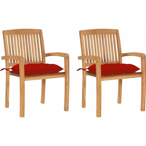 vidaXL Chaises de jardin lot de 2 et coussins rouge Bois teck massif (1/5)