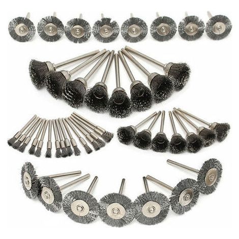 Juego de 45 cepillos de alambre de acero inoxidable de 10/15/25 mm con vástago de 1/8" para pulir. (1/5)