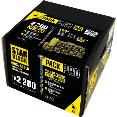 Coffret de 2200 vis bois aggloméré – 9 tailles de 4x40 à 6x120 mm – Acier zingué résistant à la corrosion – Tête fraisée Torx pour vissage précis – Starblock