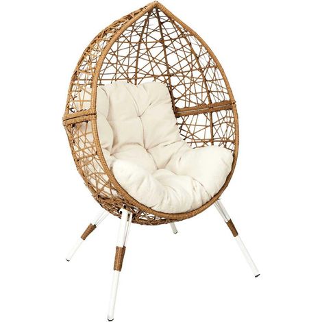 Fauteuil suspendu en résine tressée avec coussin beige – Dimensions 100x65x150cm – Poids supporté 110kg – Montage facile