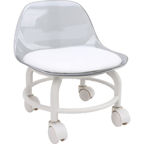Tabouret bas à roulettes avec dossier, petit modèle en acrylique transparent blanc silencieux. (1/5)
