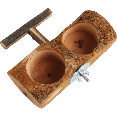 Mangeoires et abreuvoirs en bois pour cage à perroquet, double bol naturel, avec bâtonnet (1/5)
