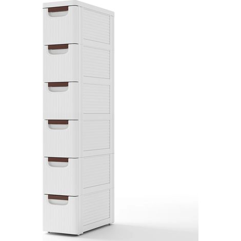 Meuble de rangement étroit 6 tiroirs en PP avec roulettes, poignées et surface cannelée pour salle de bain, buanderie et bureau (1/5)