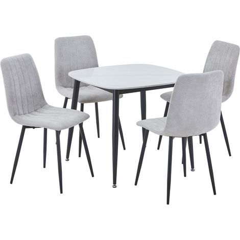 Aspen Gloss White Sintered Stone Square Table & 4 Light Grey Cord Fabric Chair Set - Metal - L54 x W44 x H88 cm