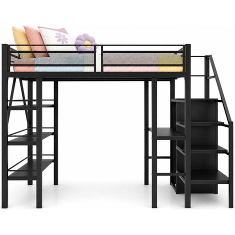 Lit mezzanine 140x200 cm avec bureau, étagère triple et armoire, échelle sécurisée réversible, structure en métal noir - CHICFURN (1/5)