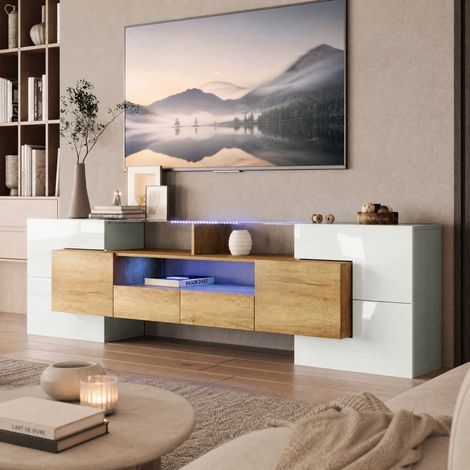 JOOKGBD-Meuble TV Moderne 200×35×60cm, Blanc Brillant et Décor Bois, Eclairage LED Multicolore, Surface Verre, 6 Portes et 2 Tiroirs, Grand Rangement, Structure MDF Robuste pour Salon (1/5)