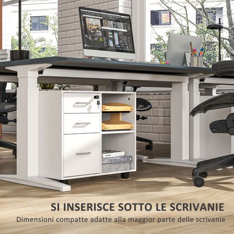 Cassettiere bureau 3 tiroirs blanc, classeur documents avec roulettes et serrure clé, 60x40x56 cm. (1/5)