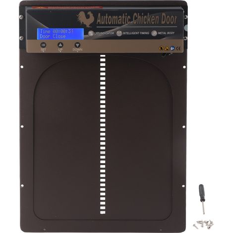 Porte automatique pour poulailler avec minuterie, en alliage d'aluminium, écran LED HD, alimentée par piles, couleur marron. (1/5)