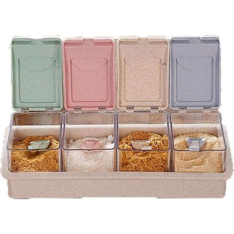 lot de 4 pots à épices de cuisine en treillis Pots à épices carrés avec quatre petites cuillères Pots à épices en plastique de cuis (1/5)