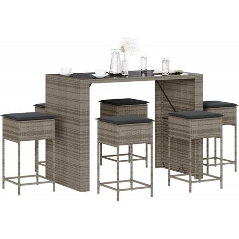 Ensemble bar de jardin 7 pièces en polyrotin gris avec 6 tabourets et coussins - PANGIVO (1/5)