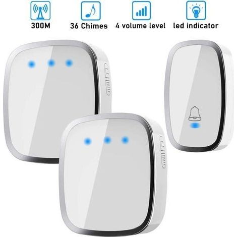 Sonnette sans Fil, Carillon sans Fil Etanche à 300 Mètres de Portée, Kit de Carillon avec LED et 36 Mélodies au 4 Niveau Volume pour Maison, Bureau, Hôtel-1 Emetteur et 2 Récepteurs Inclus (1/5)