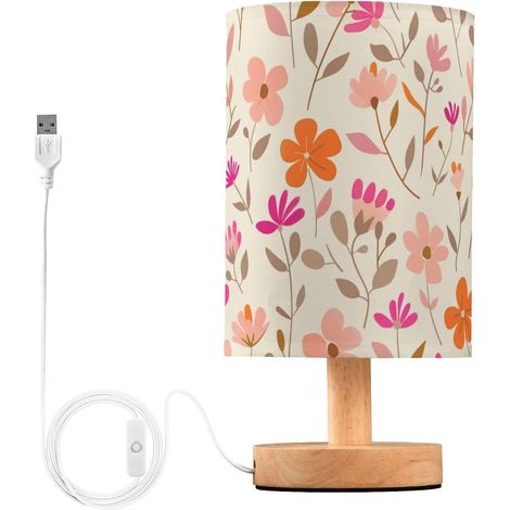 Petites fleurs motif feuillage rose, orange, beige clair, lampe (1/5)