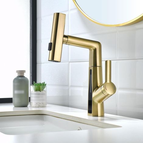 Robinet Lavabo Cascade, Moderne 3 Modes Dorée Mitigeur Lavabo avec Affichage Numérique LED, Tirable, Rotatif, Réglable en Hauteur, 59A Laiton Mitigeur de Salle de Bain Or Brossé (1/5)