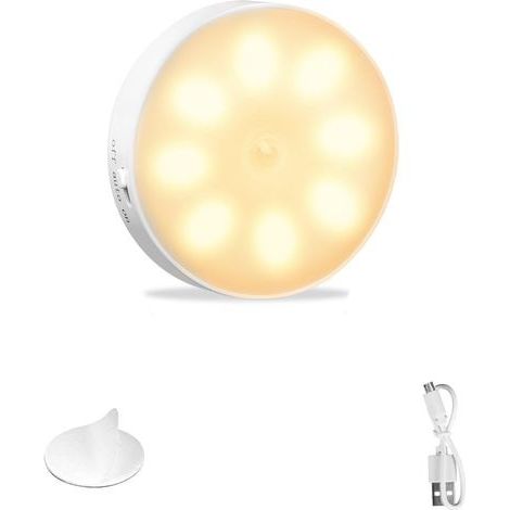 Veilleuse LED Automatique USB Rechargeable, Veilleuse Induction 8LEDs &Batterie 400mAh, Lampe Détecteur de Mouvement, Lampe Adhésive LED avec Base Magnétique Jaune Chaud - 1pcs (1/5)