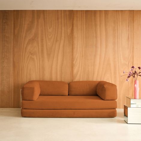 Canapé vintage convertible 3 places en velours côtelé et armatures chromées L 200 x P 100 x H 72cm - Seventies Velours côtelé Terracotta