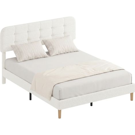 Cadre de lit 160x200cm avec sommier. tête de lit réglable. lit double rembourré en velours teddy. lattes en bois. blanc
