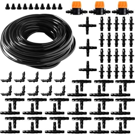 77 Pièces 4/6 mm Kit d'irrigation Goutte, 15m Tuyau d'irrigation, Systeme Irrigation, avec Raccords Cannelés Droits, Connecteurs en T, Bouchons d'extrémité, pour Jardin, Plantes (1/4)