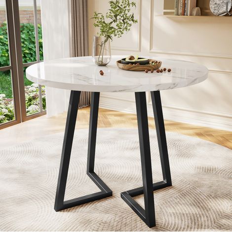 Tavolo da pranzo rotondo 80 cm con effetto marmo, struttura in metallo, bianco HAVRYA (1/5)