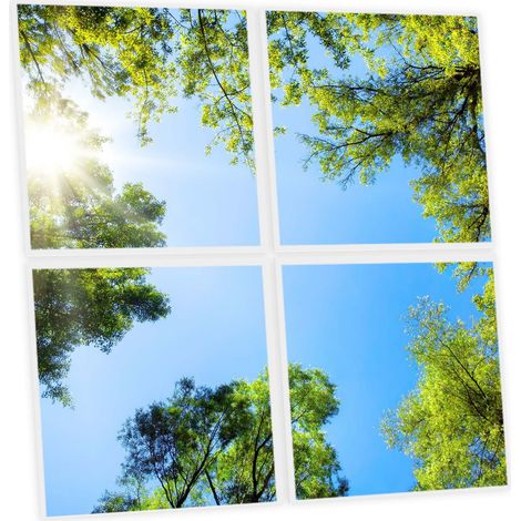 Pack de 4 Dalles LED Imprimées 60x60 cm - Motif Mystère Forestier - Lumière Blanc Neutre 4000K - Panneaux Lumineux Plafond Bureau Salon Cuisine - Faciles à Installer