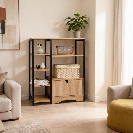Librero esquinero 80x35x97 cm, diseño 2 en 1 con estantes y cajón, madera MDF, roble claro (1/5)