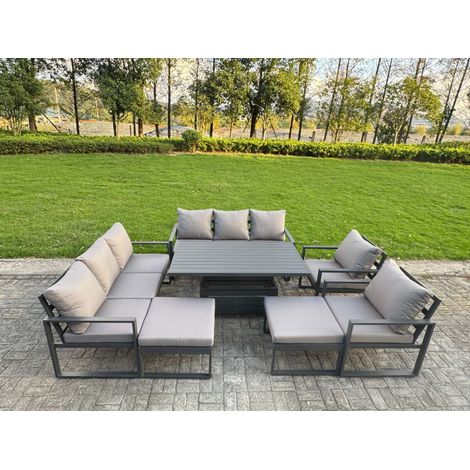 Fimous Garden Aluminium Furniture Set Dark Grey 10 Seater Outdoor Patio Adjustable Rising Lifting Dining Table with 2 Big Footstools Dark Grey (1/5)