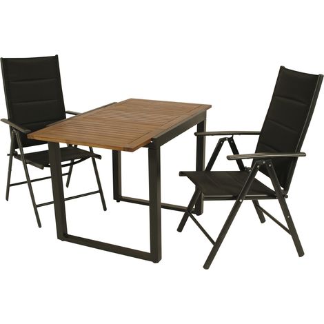 RIVELLO: Garnitur 3-teilig 2x Klappsessel Aluminium + Kunstgewebe schwarz, 1x Ausziehtisch 80/120x70cm, Stahl anthrazit + Akazie geölt, FSC-zertifiziert