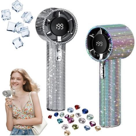 Lot de 2 Ventilateurs Turbo Portables Strass, Rechargeables avec Écran LED,Multicolore et argent (1/5)