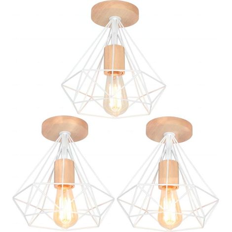 3 Pack Diamond Shape Ceiling Light Industrial E27 25cm Lampe Ceiling Light in Wood Metal for Corridor Stairs Entrance Bedroom White (1/5)