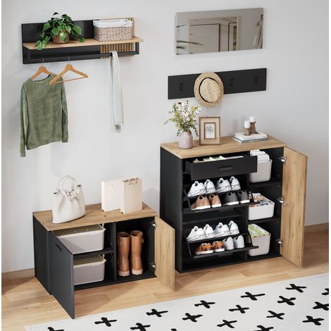 MEUBLIV Conjunto de entrada de 5 piezas madera y negro – 2 zapateros con espejo (1/5)