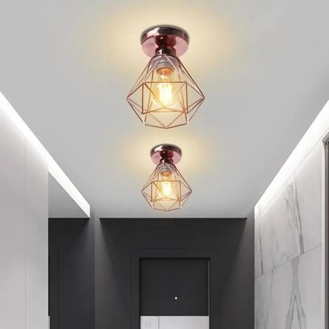 U-DO 2Pcs Plafonnier en Métal Or Rose design Moderne E27 Lampe forme Diamant Plafonde éclairage de Cuisine Couloir (1/4)