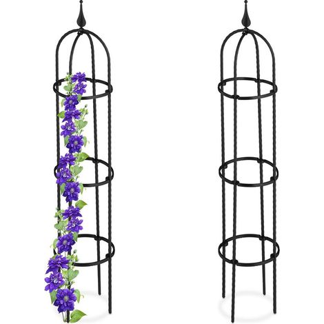 Trellis obélisque, lot de 2, 100 m de hauteur, plantes grimpantes, en métal, stable, tour pour rosier, noir (1/5)